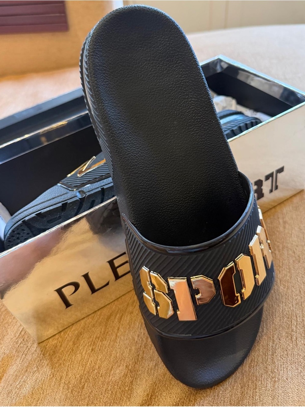 Plein Sport Black Slides with Gold Logo Accents